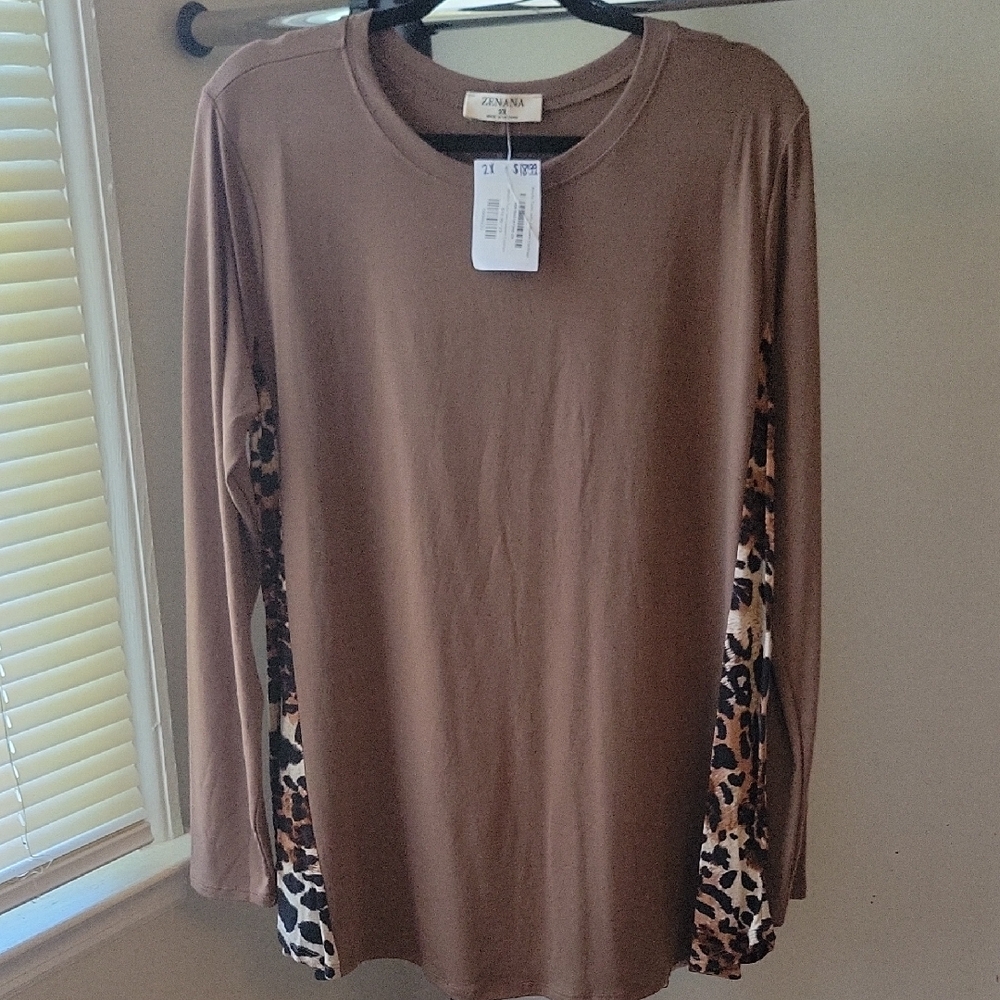 Zenana Coffee Brown Blouse with Leopard Print Accents